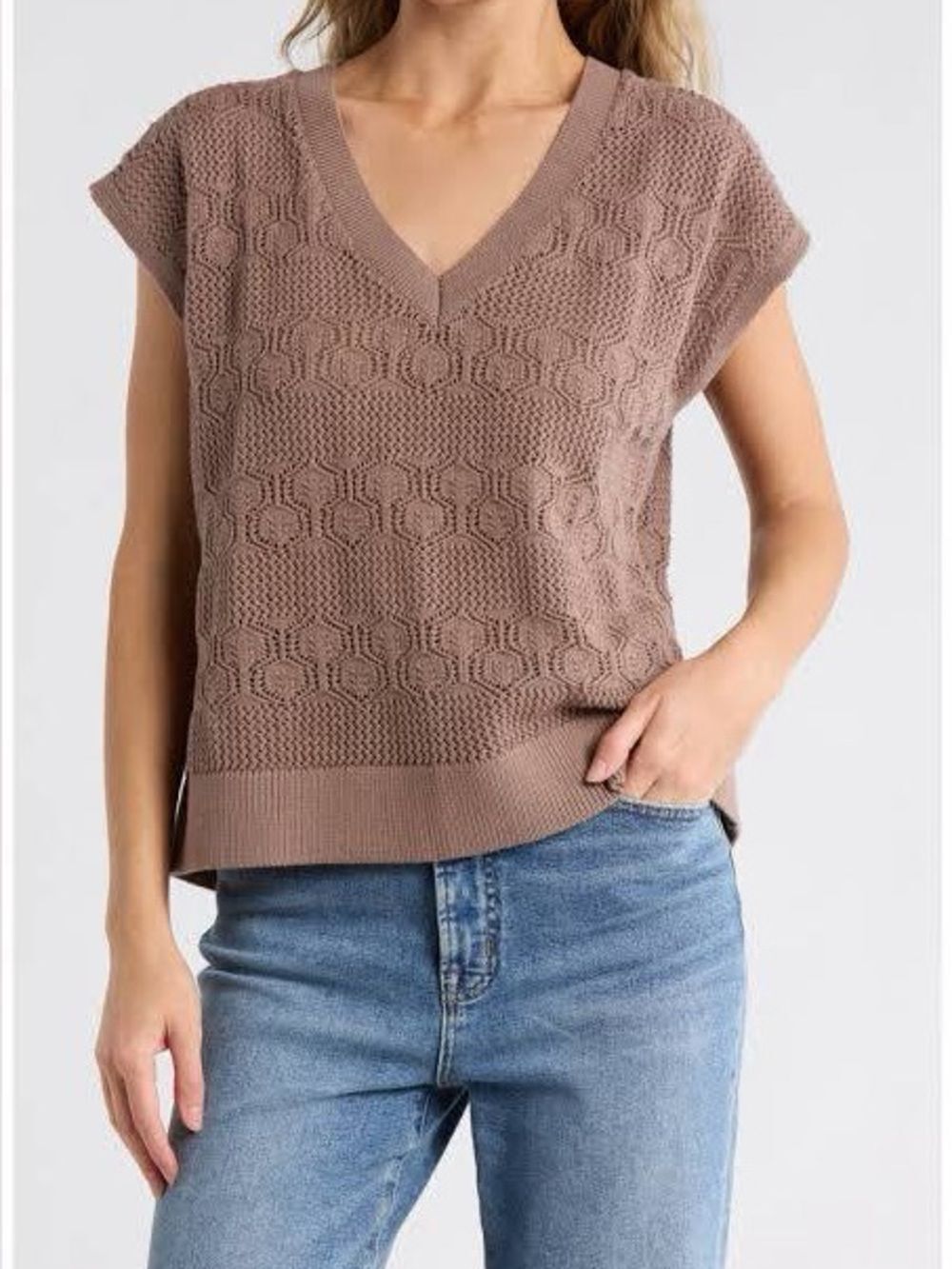 Splendid Honore Open Knit V-Neck Short Sleeve Sweater Taupe Beige Women’s XL